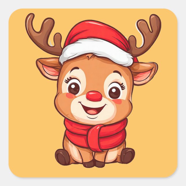 Adorable Cartoon Reindeer in Santa Hat Square Sticker (Front)