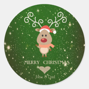 Adorable Cartoon Reindeer,Santa Hat Classic Round Sticker