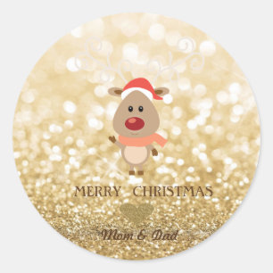 Adorable Cartoon Reindeer,Santa Hat,Glittery Bokeh Classic Round Sticker