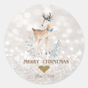 Adorable Cartoon Reindeer,White Bokeh Classic Round Sticker