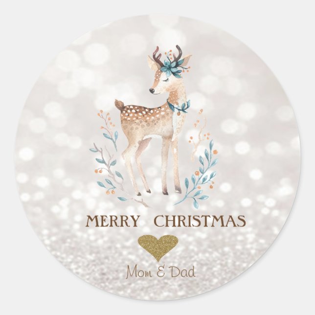 Adorable Cartoon Reindeer,White Bokeh Classic Round Sticker (Front)
