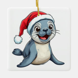 Adorable Cartoon Seal Wearing a Festive Santa Hat Ceramic Ornament