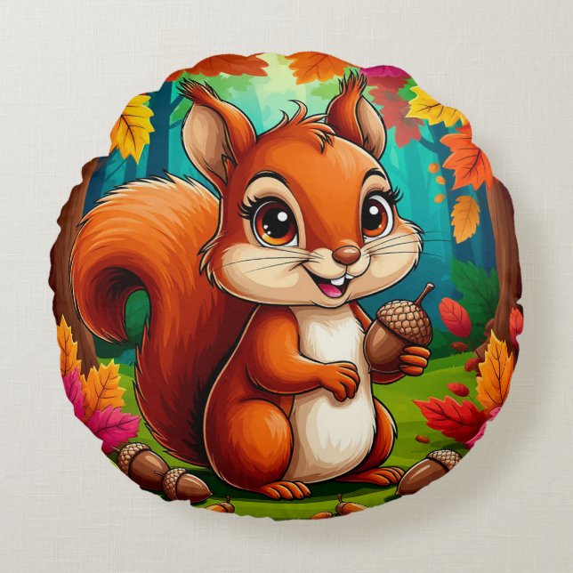 Adorable Cartoon Squirrel Character in Forest Round Cushion (Front)