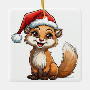 Adorable Cartoon Squirrel in Santa Hat Ceramic Ornament