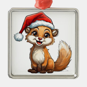 Adorable Cartoon Squirrel in Santa Hat Metal Tree Decoration