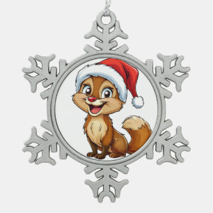 Adorable Cartoon Squirrel in Santa Hat Snowflake Pewter Christmas Ornament