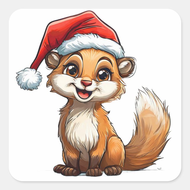 Adorable Cartoon Squirrel in Santa Hat  Square Sticker (Front)