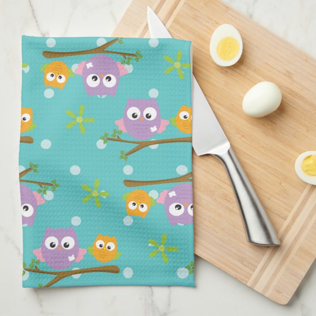 Adorable Cartoon Style Owls on Branch Print Tea Towel (Quarter Fold)
