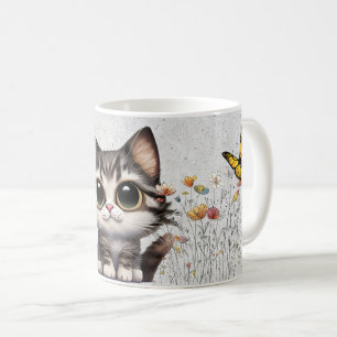 Adorable cartoon Tabby Cat, flowers & butterflies Coffee Mug