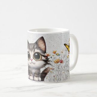 Adorable cartoon Tabby Cat, flowers & butterflies Coffee Mug