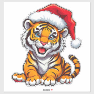 Adorable Cartoon Tiger Cub Wearing a Santa Hat