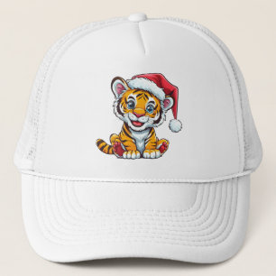 Adorable Cartoon Tiger Cub Wearing a Santa Hat
