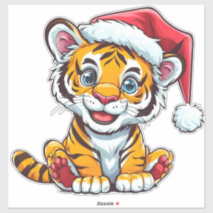 Adorable Cartoon Tiger Cub Wearing a Santa Hat