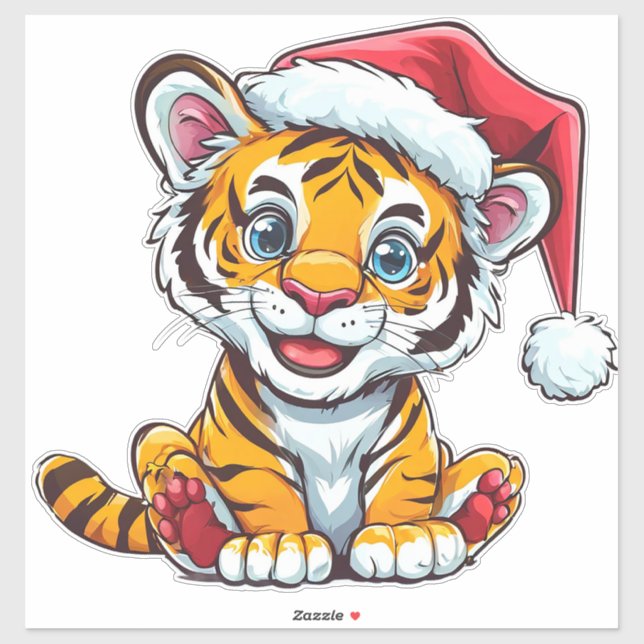 Adorable Cartoon Tiger Cub Wearing a Santa Hat (Sheet)