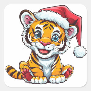 Adorable Cartoon Tiger Cub Wearing a Santa Hat Square Sticker