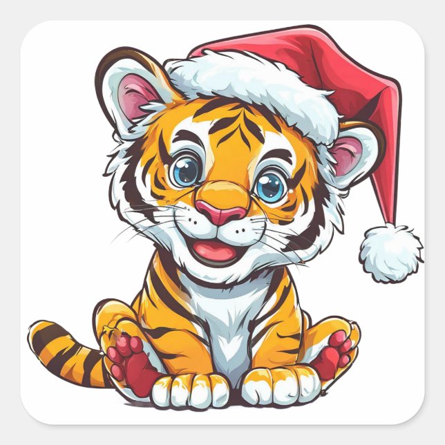 Adorable Cartoon Tiger Cub Wearing a Santa Hat Square Sticker (Front)