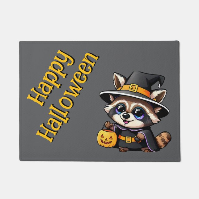 Adorable cartoon witch racoon doormat (Front)