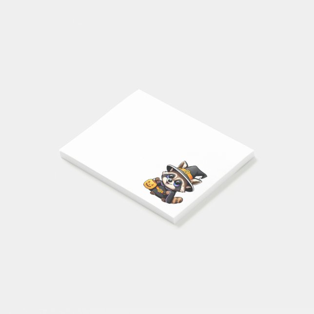 Adorable cartoon witch racoon post-it notes (Angled)