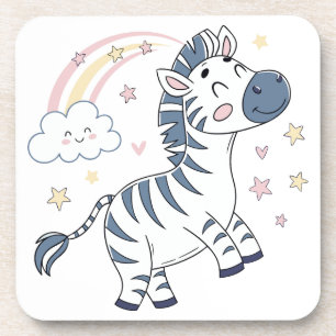 Adorable Cartoon Zebra with Rainbow and Stars Coaster
