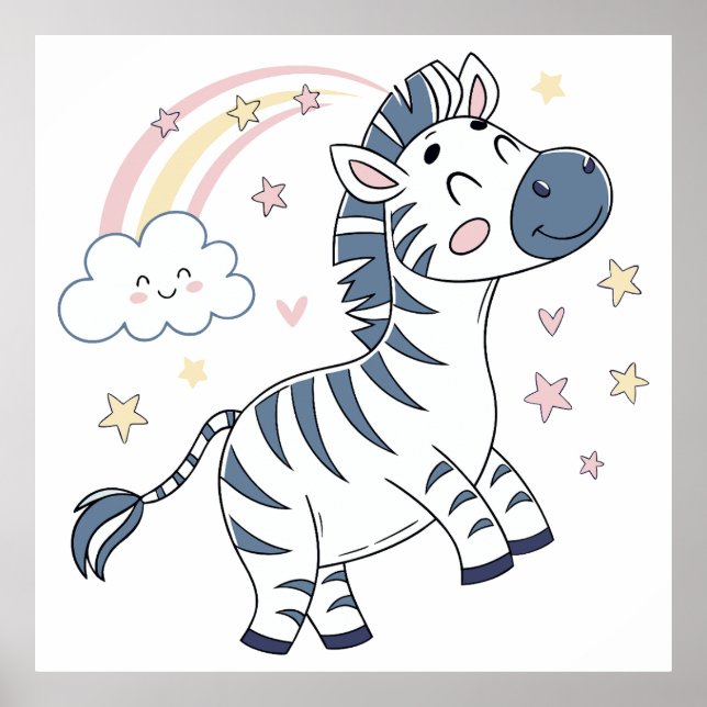 Adorable Cartoon Zebra with Rainbow and Stars |  Poster (Front)