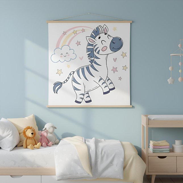 Adorable Cartoon Zebra with Rainbow and Stars |  Tapestry ("Adorable Cartoon Zebra Tapestry – Brighten Your Nursery or Kids Room with Rainbow & Star Fun!")