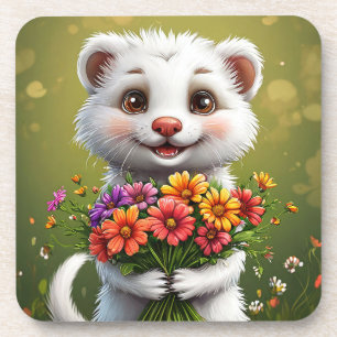 Adorable, cartoonish white ferret coaster