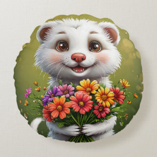 Adorable, cartoonish white ferret round cushion