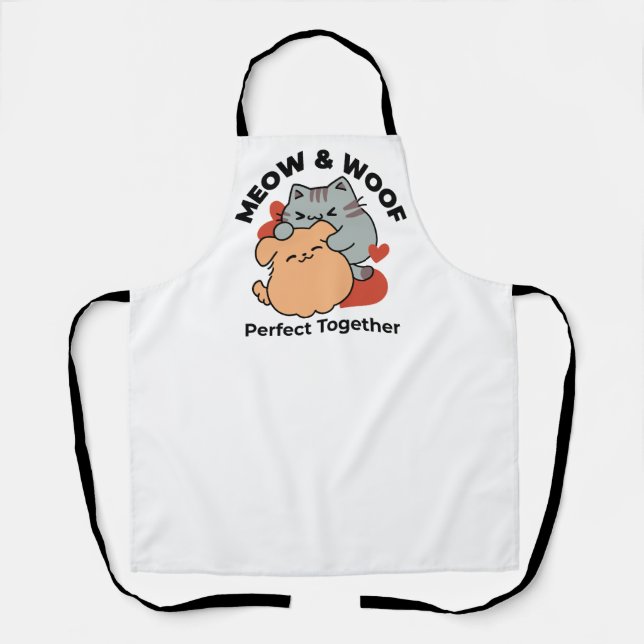 Adorable Cat and Dog Hug – Meow & Woof Design Apron (Front)