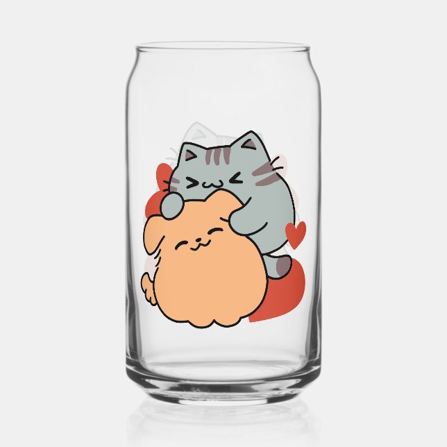 Adorable Cat and Dog Hug – Meow & Woof Design Can Glass (Front)
