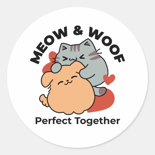 Adorable Cat and Dog Hug – Meow & Woof Design Classic Round Sticker (Front)