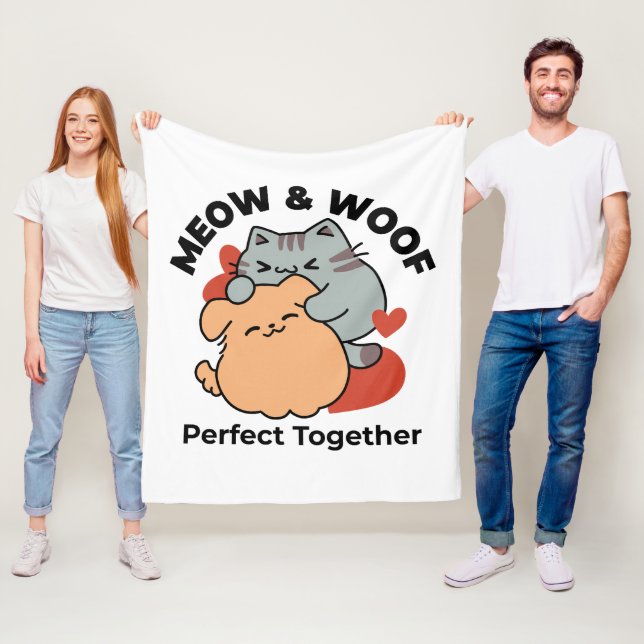 Adorable Cat and Dog Hug – Meow & Woof Design Fleece Blanket (In Situ)