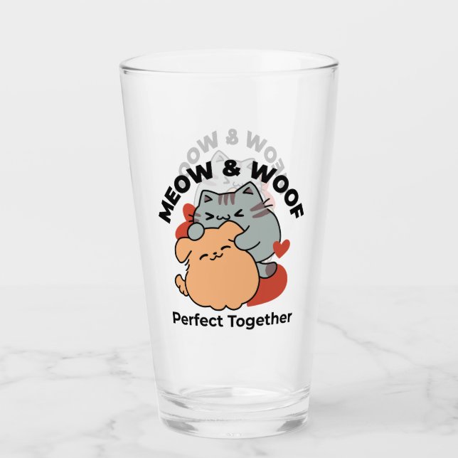 Adorable Cat and Dog Hug – Meow & Woof Design Glass (Front)