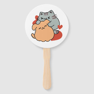 Adorable Cat and Dog Hug – Meow & Woof Design Hand Fan