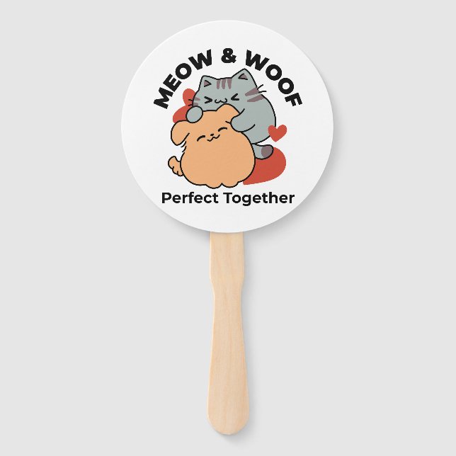 Adorable Cat and Dog Hug – Meow & Woof Design Hand Fan (Front)