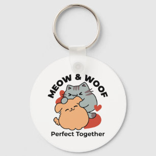 Adorable Cat and Dog Hug – Meow & Woof Design Key Ring
