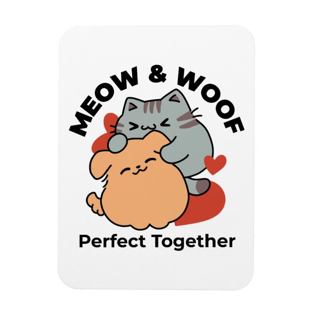 Adorable Cat and Dog Hug – Meow & Woof Design Magnet (Vertical)