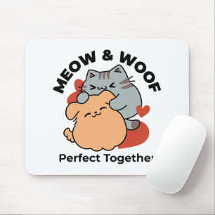 Adorable Cat and Dog Hug – Meow & Woof Design Mouse Mat