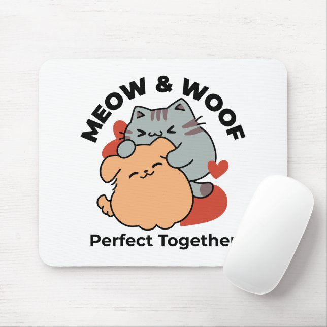 Adorable Cat and Dog Hug – Meow & Woof Design Mouse Mat (With Mouse)