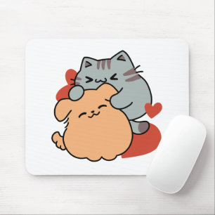 Adorable Cat and Dog Hug – Meow & Woof Design Mouse Mat