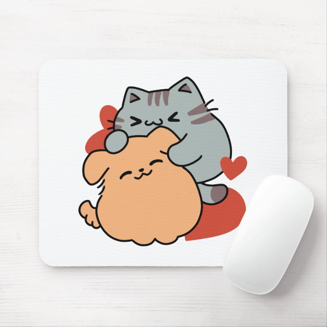 Adorable Cat and Dog Hug – Meow & Woof Design Mouse Mat (With Mouse)