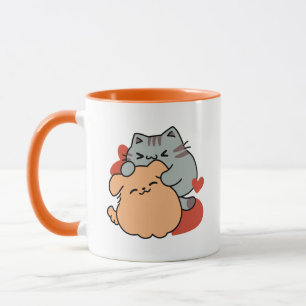 Adorable Cat and Dog Hug – Meow & Woof Design Mug