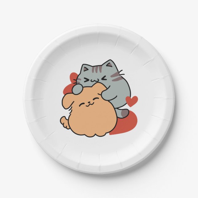 Adorable Cat and Dog Hug – Meow & Woof Design Paper Plate (Front)