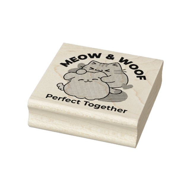 Adorable Cat and Dog Hug – Meow & Woof Design Rubber Stamp (Stamp)
