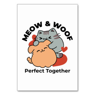 Adorable Cat and Dog Hug – Meow & Woof Design Table Number