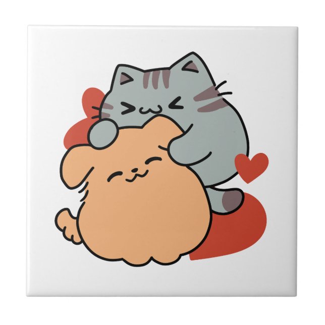 Adorable Cat and Dog Hug – Meow & Woof Design Tile (Front)