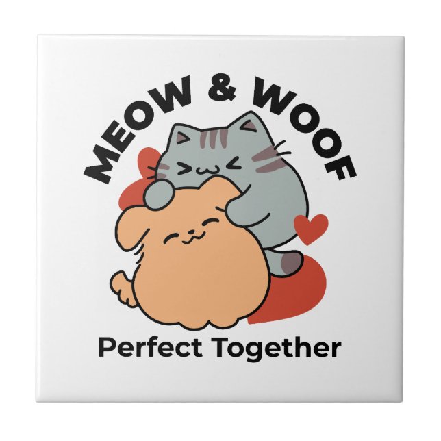 Adorable Cat and Dog Hug – Meow & Woof Design Tile (Front)