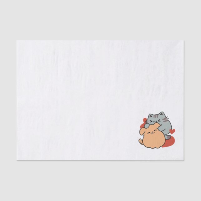Adorable Cat and Dog Hug – Meow & Woof Design Tissue Paper (Front)