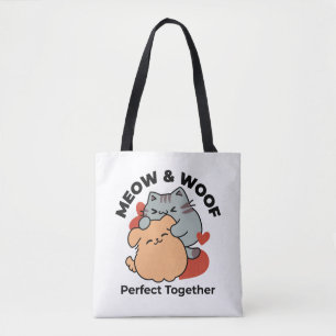 Adorable Cat and Dog Hug – Meow & Woof Design Tote Bag