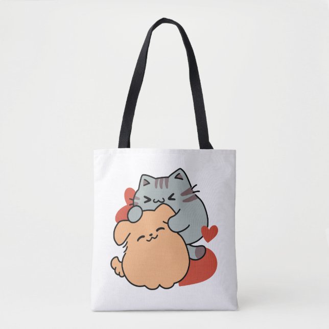 Adorable Cat and Dog Hug – Meow & Woof Design Tote Bag (Front)