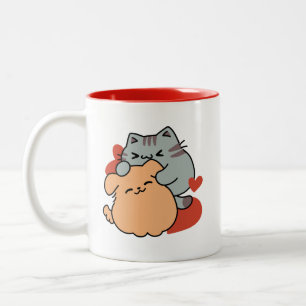 Adorable Cat and Dog Hug – Meow & Woof Design Two-Tone Coffee Mug